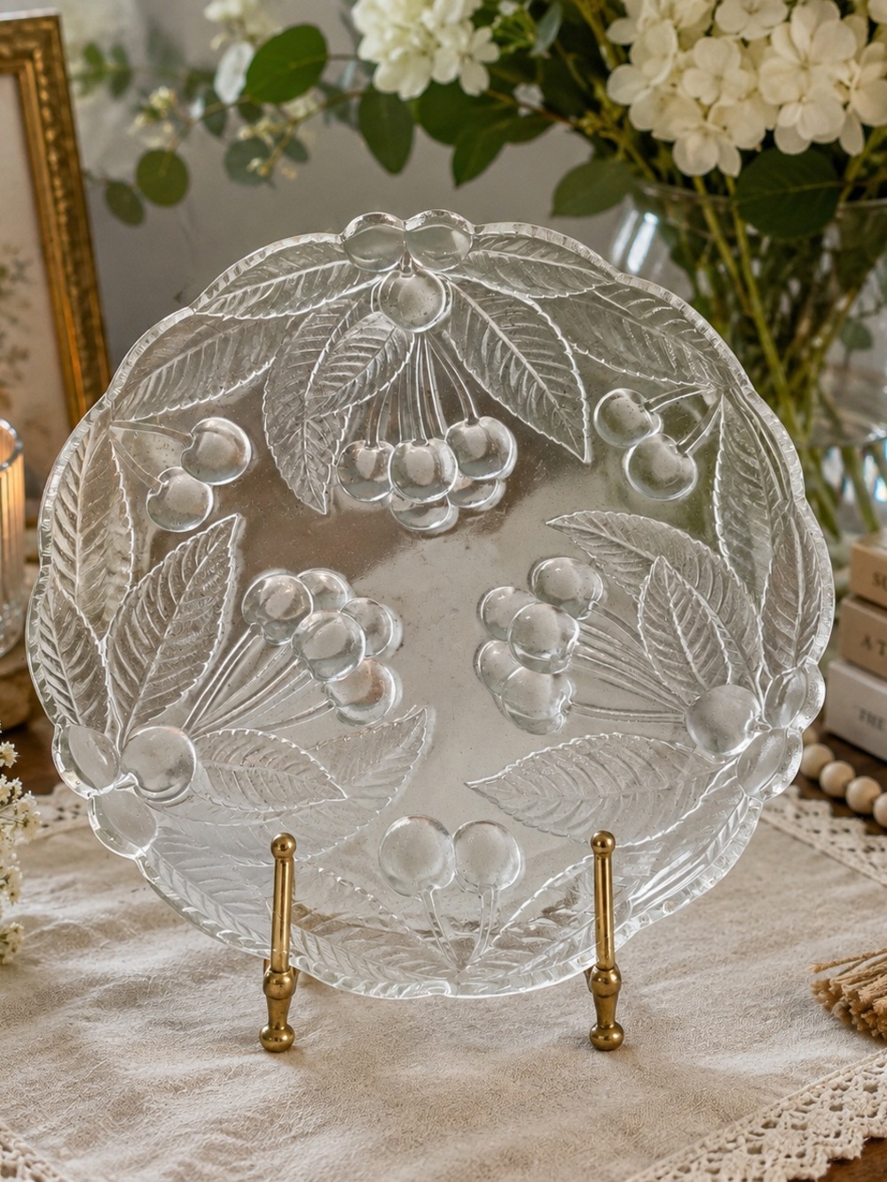Pressed Clear Glass Cherry Motif Serving Platter - Elegant Home Dining